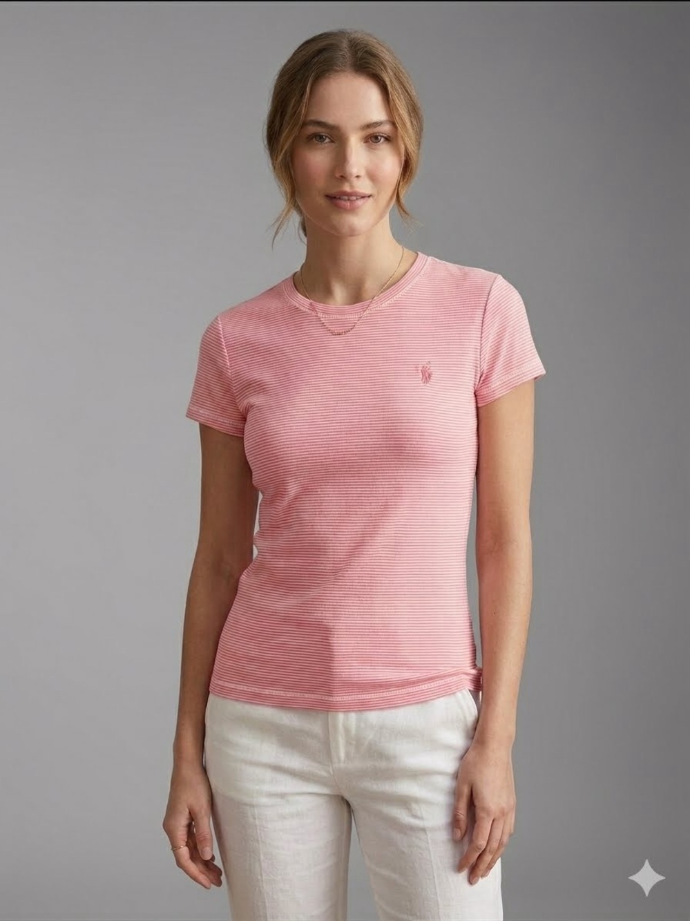 Ralph Lauren Youth XL Women’s XS Baby Pink Striped Crewneck Tee Pink Pony Logo